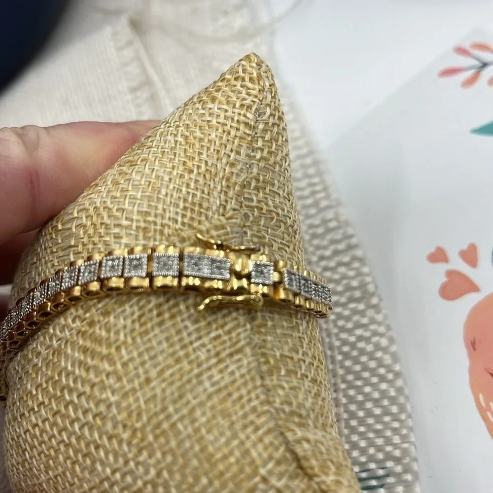 Authentic Sterling Silver Gold Etched Tennis Bracelet - 925 CISS - 8" - Picture 3 of 11